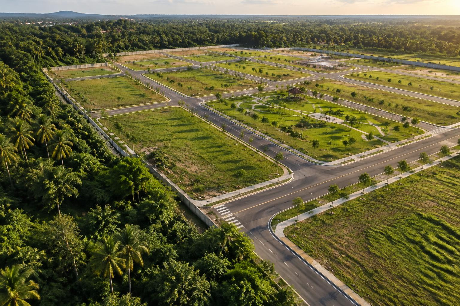 Vista aérea de loteamento com ruas pavimentadas e área verde arborizada